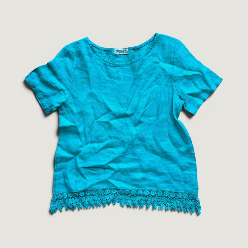 Terzo Millennio Turquoise 100% Linen Lace Trim Blouse Made in Italy S Coastal